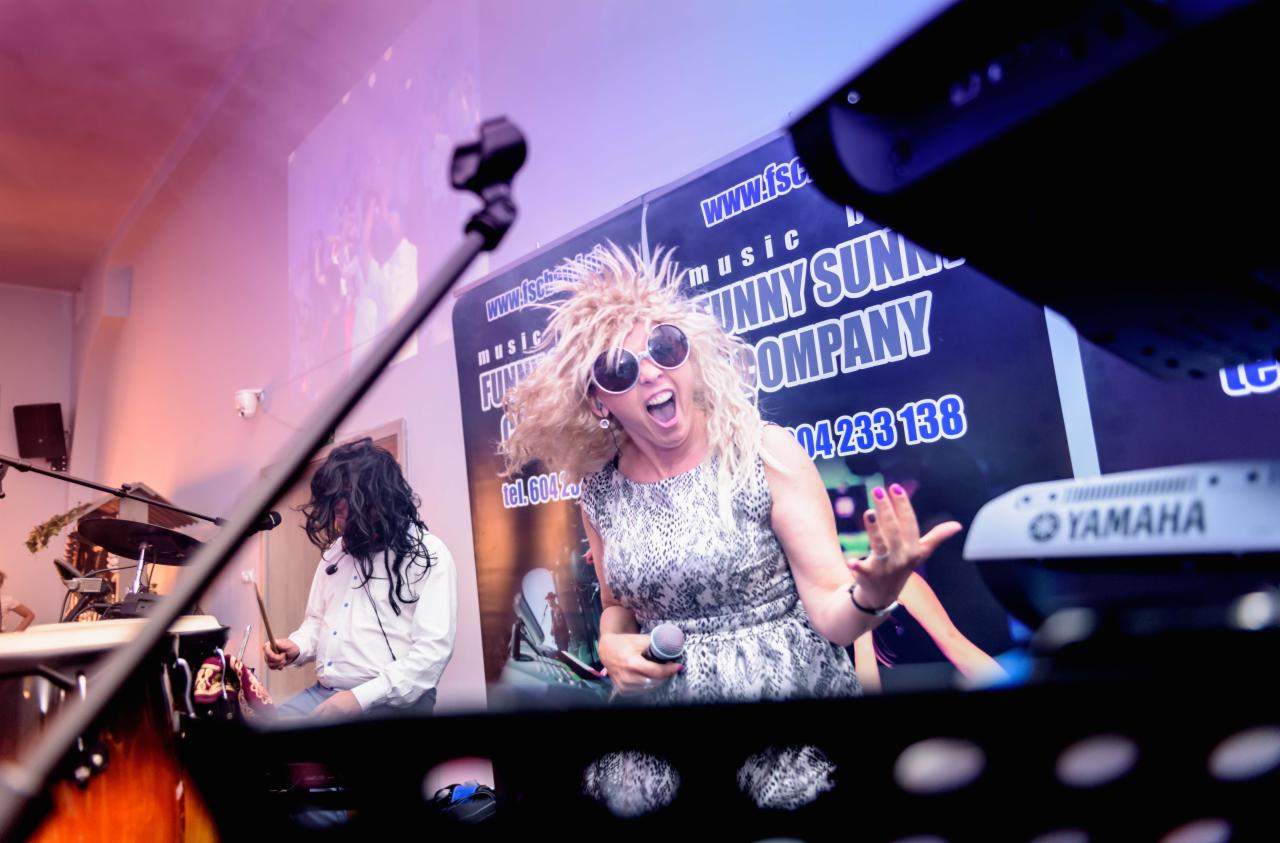 Wokalistka w blond peruce i okularach śpiewa do mikrofonu podczas występu, w tle perkusista i baner reklamowy z nazwą 'Sunny Sun Company' oraz klawisze Yamaha na pierwszym planie.