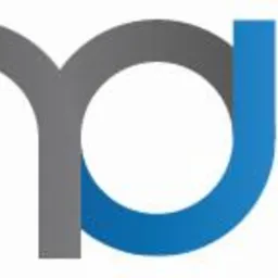 Abstrakcyjne logo firmy: szary pionowy element połączony z niebieskim okręgiem, tworzące unikalny symbol.