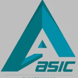Logo firmy ASIC Electronics przedstawiające stylizowaną literę A w formie trójkąta w odcieniach turkusu na szarym tle.