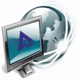 Grafika wektorowa przedstawiająca monitor LCD z niebieskim ekranem wyświetlającym logo firmy z literą 'A' na tle stylizowanej kuli ziemskiej z orbitami.