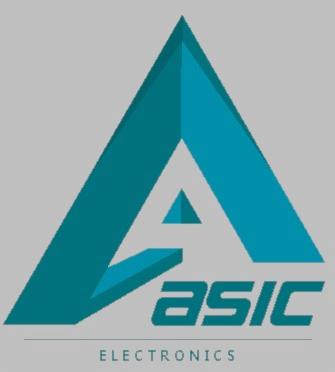 Logo firmy ASIC Electronics przedstawiające stylizowaną literę A w formie trójkąta w odcieniach turkusu na szarym tle.