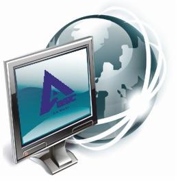 Grafika wektorowa przedstawiająca monitor LCD z niebieskim ekranem wyświetlającym logo firmy z literą 'A' na tle stylizowanej kuli ziemskiej z orbitami.