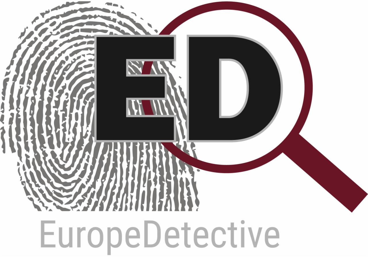 Logo firmy EuropeDetective z odciskiem palca i stylizowaną lupą w kolorze bordowym.