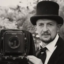 Portret fotografa w cylindrze z zabytkowym aparatem wielkoformatowym, czarno-białe ujęcie.