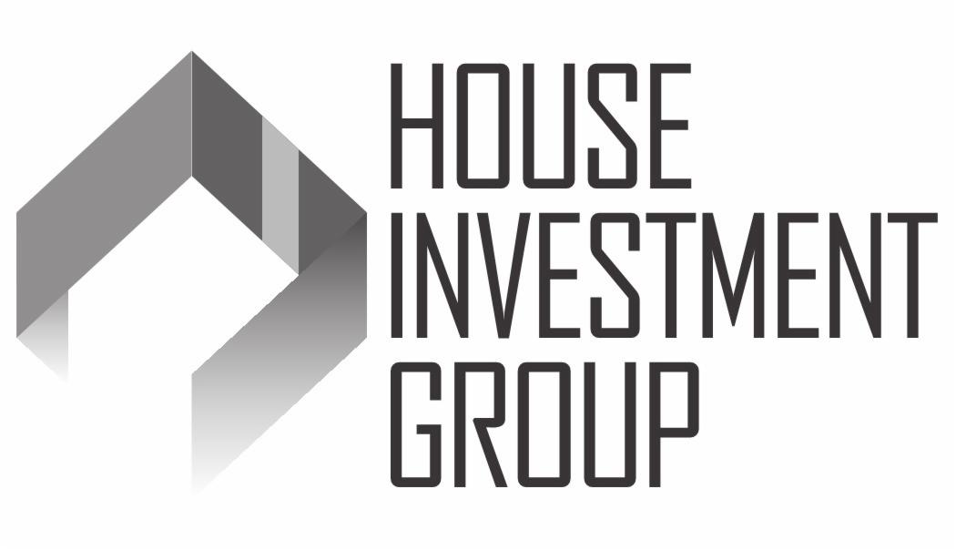 Logo firmy House Investment Group z geometrycznym symbolem domu w odcieniach szarości po lewej stronie.