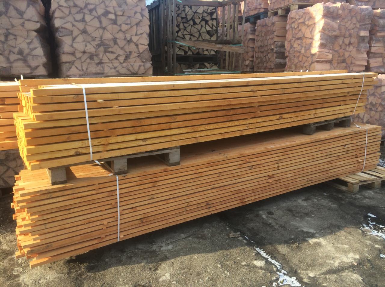 Stosy świeżo ściętego, jasnego drewna kominkowego ułożone na paletach, z workami drewna w tle i śladami śniegu na ziemi.