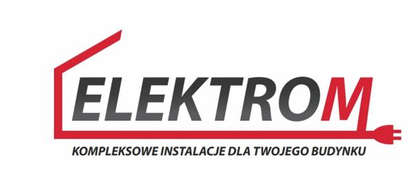 Logo firmy Elektrom oferującej kompleksowe instalacje dla budynków, z elementami graficznymi stylizowanymi na dom i wtyczkę elektryczną.