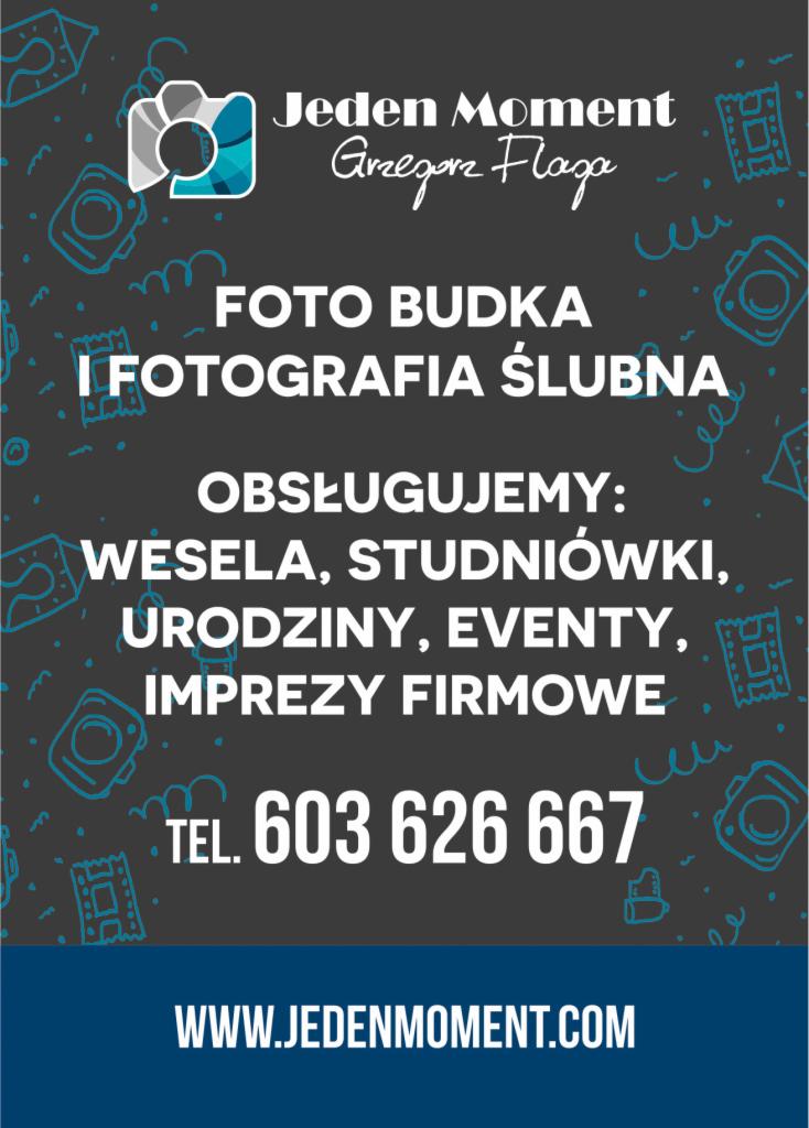 Grafika reklamowa firmy Jeden Moment oferującej fotobudkę i fotografię ślubną, z numerem telefonu i adresem strony internetowej.