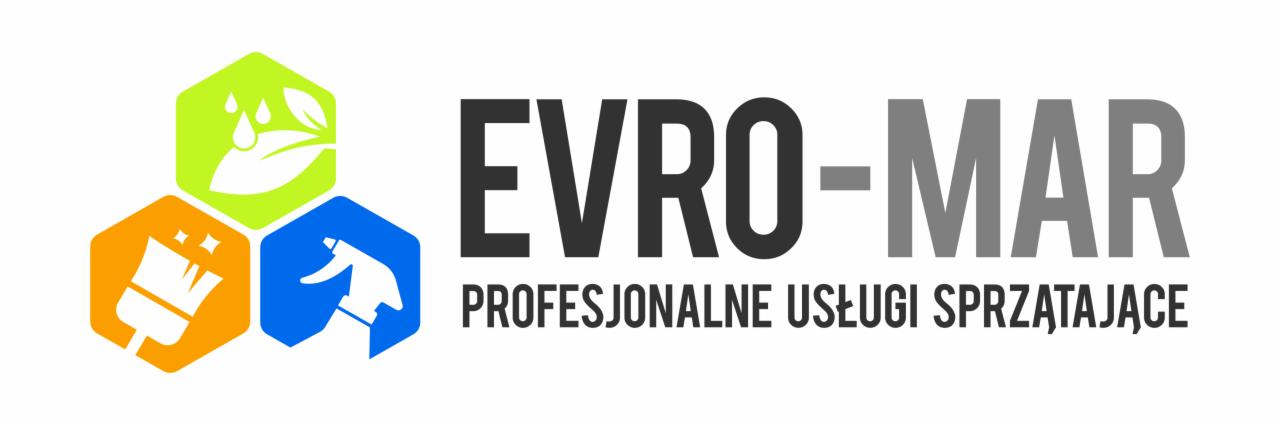 Logo firmy EVRO-MAR oferującej profesjonalne usługi sprzątające, z trzema kolorowymi heksagonami symbolizującymi czystość, świeżość i dezynfekcję.