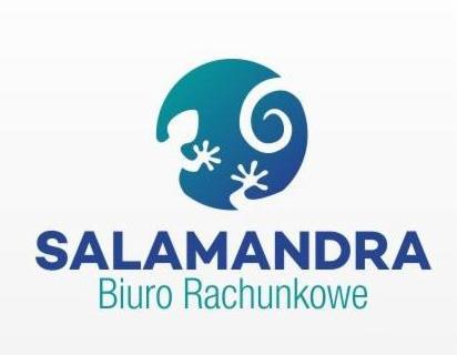 Logo firmy Salamandra Biuro Rachunkowe z gradientem niebieskiego koloru i stylizowaną sylwetką salamandry w okręgu.