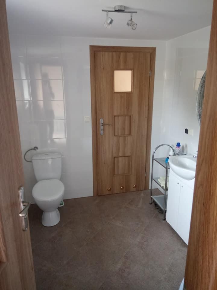 Wnętrze wykończonej łazienki z brązowymi płytkami podłogowymi, białą toaletą, umywalką na szafce i drewnianymi drzwiami z przeszkleniami.