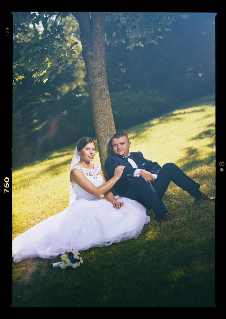 Para młoda z Sieradza siedzi pod drzewem na trawie w słoneczny dzień. Panna młoda w białej sukni, pan młody w granatowym garniturze.
