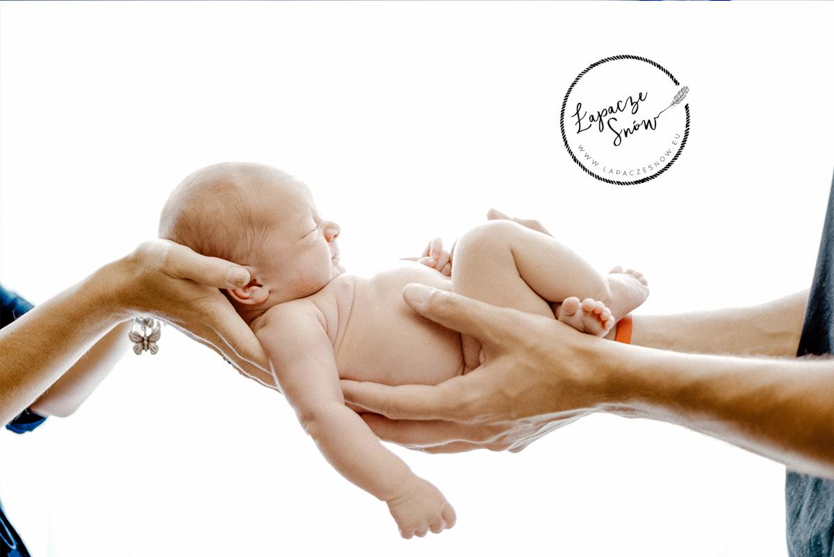 Noworodek bezpiecznie trzymany w dłoniach rodziców na jasnym tle, widoczne logo fotografa w prawym górnym rogu.