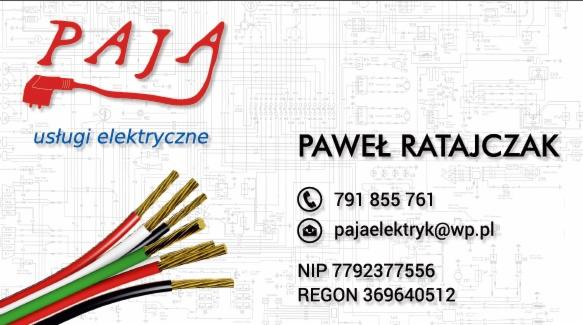 Wizytówka firmy elektrycznej PAJA z numerem telefonu, adresem email i schematem elektrycznym w tle.