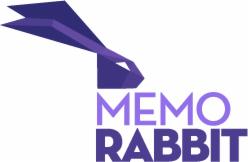 Fioletowe logo przedstawiające stylizowaną głowę królika z origami i napis MEMO RABBIT poniżej.