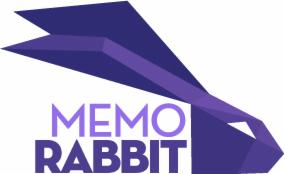 Fioletowy, geometryczny królik z napisem 'MEMO RABBIT' pod spodem, na białym tle.