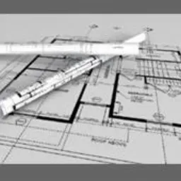 Plan architektoniczny domu z widocznymi schodami, zwinięty w rulon, leżący na rozłożonym projekcie, czarno-biała kolorystyka, widok z góry.