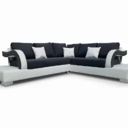 Nowoczesny narożnik tapicerowany w bieli i granacie z poduszkami, charakterystyczne zaokrąglone podłokietniki z białymi wstawkami, widoczne niskie, srebrne nóżki.