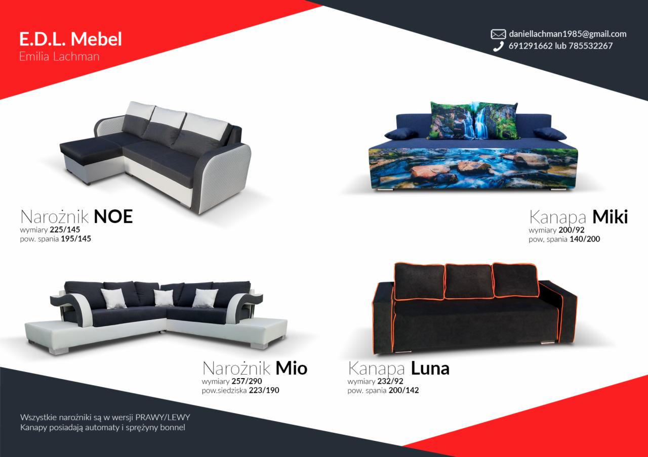 Katalog mebli tapicerowanych E.D.L. Mebel prezentujący narożnik NOE w kolorze szaro-biało-czarnym, kanapę Miki z motywem wodospadu na bokach i poduszkach, narożnik Mio w kolorze czarno-białym...