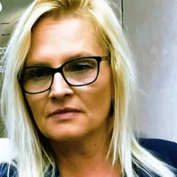 Portret kobiety w okularach z blond włosami, ubrana w niebieską marynarkę, patrząca wprost.