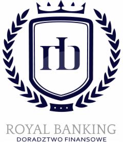 Logo firmy Royal Banking Doradztwo Finansowe, przedstawiające stylizowaną tarczę z inicjałami 'rb' otoczoną wieńcem laurowym.