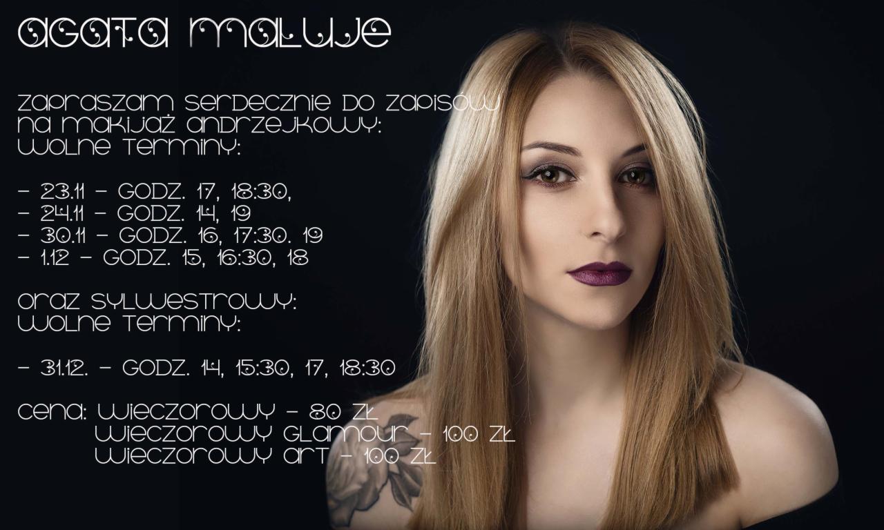 Portret kobiety z profesjonalnym makijażem, w tym ciemnofioletową szminką, na czarnym tle, obok tekstu reklamującego makijaż andrzejkowy i sylwestrowy z podanymi terminami i cenami.