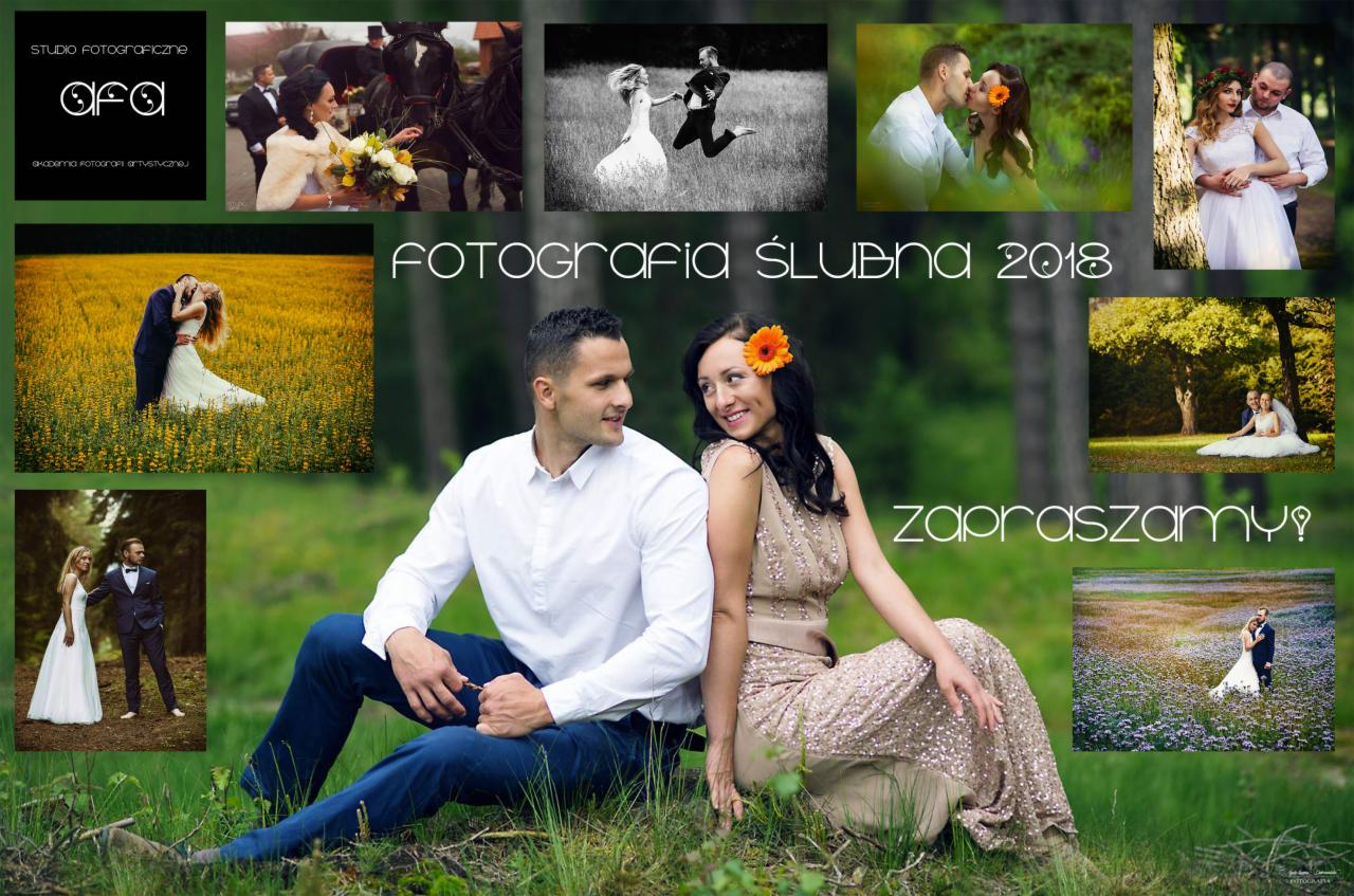 Kolaż zdjęć ślubnych z napisem 'Fotografia Ślubna 2018' i zaproszeniem, prezentujący różnorodne ujęcia par w plenerze i podczas ceremonii.