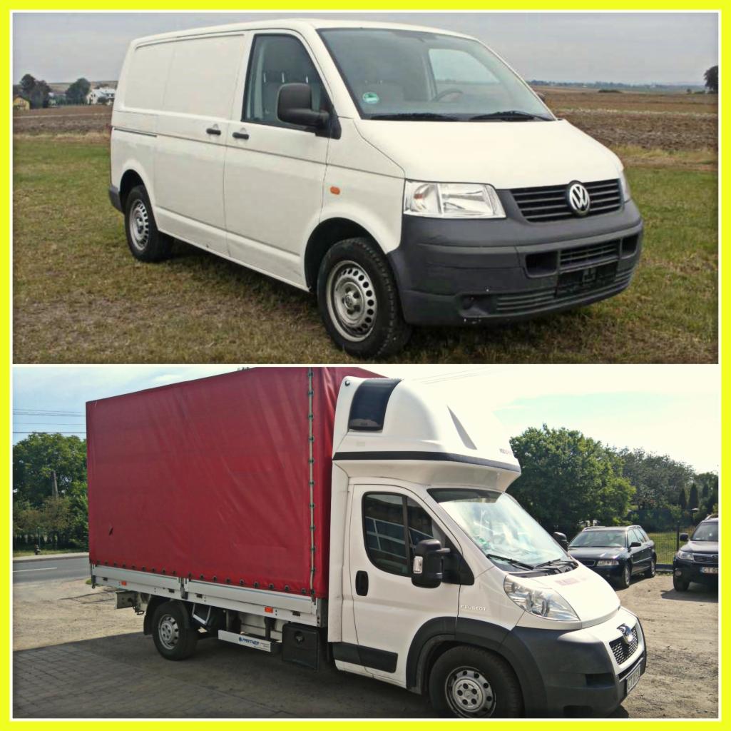 Dwa białe samochody dostawcze: Volkswagen Transporter na trawie i Peugeot Boxer z czerwoną plandeką na parkingu.