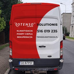 Stany surowe, żelbet, stropy monolityczne, domy i usługi. Śląsk Chorzów, Katowice okolice. - Tył firmowego, oklejonego busa z logo Rotenso Solutionis, numerem telefonu i adresem strony internetowej. Oferta: klimatyzacja, pompy ciepła, rekuperacja. Czerwono-biała kolorystyka.
