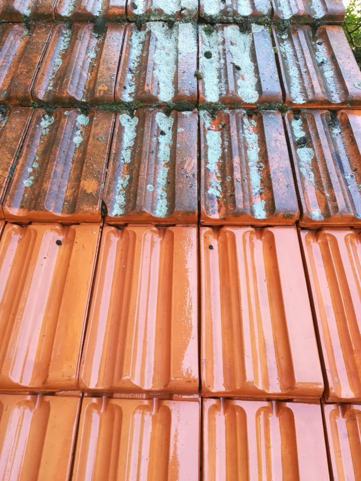 Część dachu z dachówką ceramiczną przed i po czyszczeniu, widoczne zanieczyszczenia biologiczne na górnej części dachu.