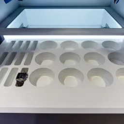 Biała, podświetlana szuflada z okrągłymi przegródkami i prostokątnymi wnękami, z jednym zegarkiem na bransolecie w jednej z wnęk.