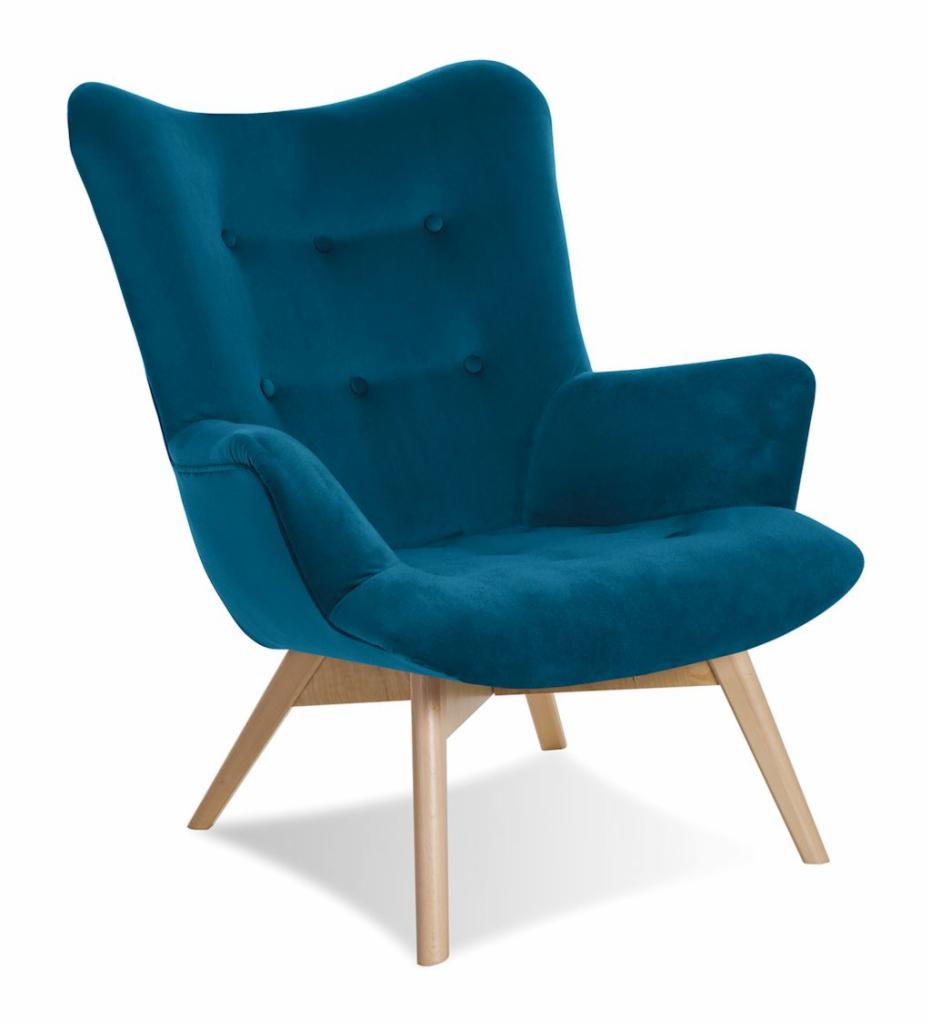 Turkusowy fotel uszak z obiciem welurowym, drewniane nóżki, widok z przodu na białym tle.