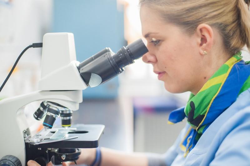 Weterynarz w niebieskim uniformie i kolorowej apaszce analizuje próbkę pod mikroskopem w jasnym laboratorium.