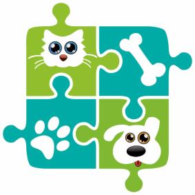 Grafika w formie puzzli przedstawiająca logo firmy z Bydgoszczy świadczącej usługi dla zwierząt: głowa kota, psia łapa, kość i głowa psa na zielono-turkusowym tle.