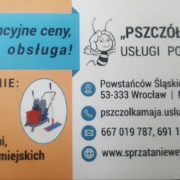 Wizytówka firmy sprzątającej 'Pszczółka Maja' z Wrocławia, oferującej konkurencyjne ceny i solidną obsługę, z listą sprzątanych obiektów: apteki, biura, mieszkania, przychodnie, wspólnoty miejskie,...