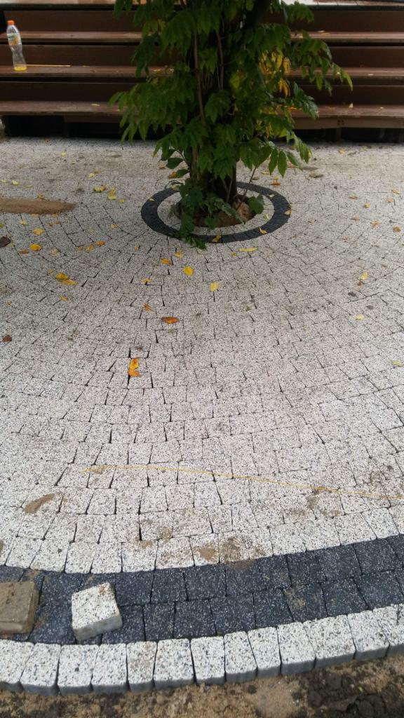 Fragment nowo ułożonej nawierzchni z jasnoszarej kostki granitowej, z dekoracyjnym obramowaniem z ciemnej kostki wokół pnia drzewa i na obrzeżach, widoczne pojedyncze kostki do ułożenia.