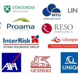 Zestawienie logotypów różnych firm ubezpieczeniowych, w tym Aviva, Concordia, MTU, Link4, PZU, Compensa, Proama, Reso, Warta, Wiener, InterRisk, Ubezpieczenia Pocztowe, HDI, AXA, Generali, Uniqa...