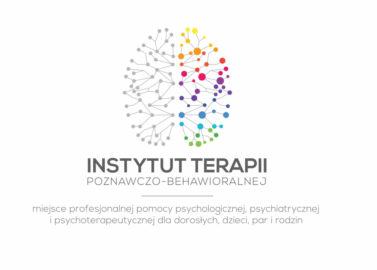 Logo Instytutu Terapii Poznawczo-Behawioralnej z graficzną reprezentacją mózgu, gdzie jedna półkula jest szara, a druga kolorowa, symbolizujące procesy myślowe i emocjonalne.