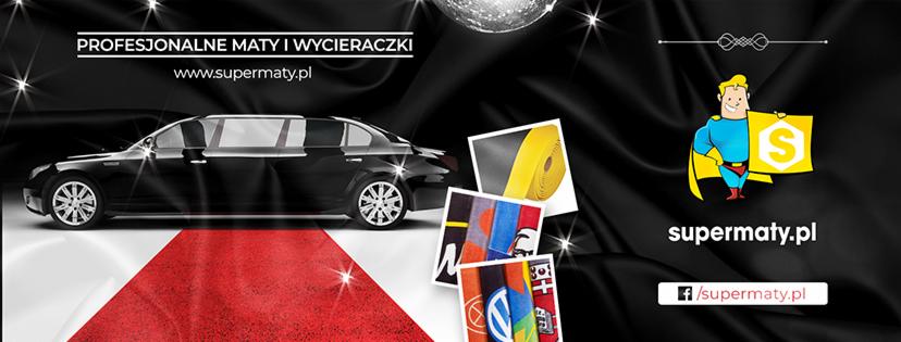 Grafika reklamowa: czarna limuzyna na czerwono-białym dywanie, próbki różnych wzorów i kolorów, logo firmy z postacią superbohatera, adres strony internetowej i profilu na Facebooku, tło z czarnej...