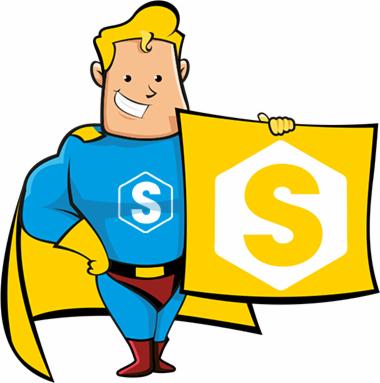 Kreskówkowy superbohater z blond włosami i szerokim uśmiechem, ubrany w niebieski strój z żółtym paskiem i peleryną, trzymający żółty kwadrat z białym heksagonem i literą S w środku.