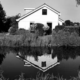 Czarno-białe zdjęcie białego domu z ciemnym dachem, odbijającego się w spokojnej wodzie, otoczonego roślinnością.