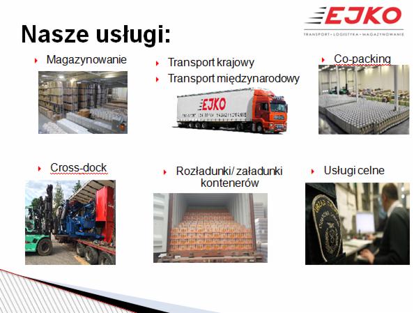 Prezentacja usług firmy transportowej: magazynowanie, transport krajowy i międzynarodowy ciężarówką z logo firmy, cross-dock, rozładunek kontenerów i usługi celne.
