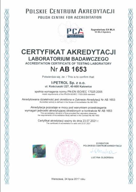 Skan certyfikatu akredytacji laboratorium badawczego I-Petrol Sp. z o.o. wydany przez Polskie Centrum Akredytacji, ważny do 23.07.2021.