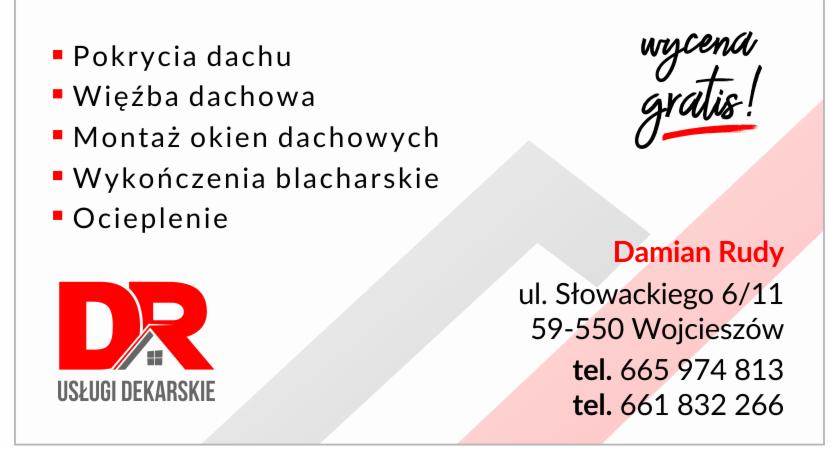 Wizytówka firmy dekarskiej z ofertą pokryć dachowych, więźby dachowej, montażu okien dachowych, wykończeń blacharskich i ocieplenia, z logo 'DR', adresem i numerami telefonów oraz hasłem 'wycena...