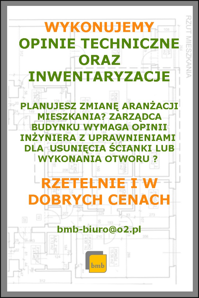 Plakat reklamowy firmy oferującej opinie techniczne i inwentaryzacje mieszkań, z pytaniem o planowaną zmianę aranżacji i potrzebę opinii inżyniera, z adresem e-mail i logo firmy na tle planu...