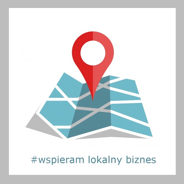 Stylizowana mapa z czerwoną pinezką lokalizacji, hasło #wspieram lokalny biznes.
