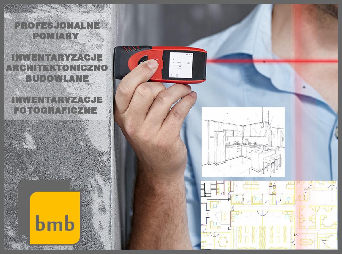 Pomiar odległości laserowym dalmierzem przy ścianie, z widocznym rzutem architektonicznym i szkicem wnętrza kuchni w tle.