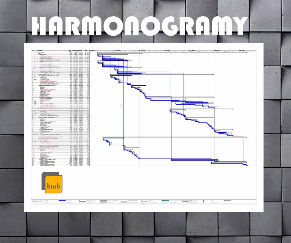 Diagram Gantta z harmonogramem budowy, z logo firmy 'bmb' w lewym dolnym rogu.