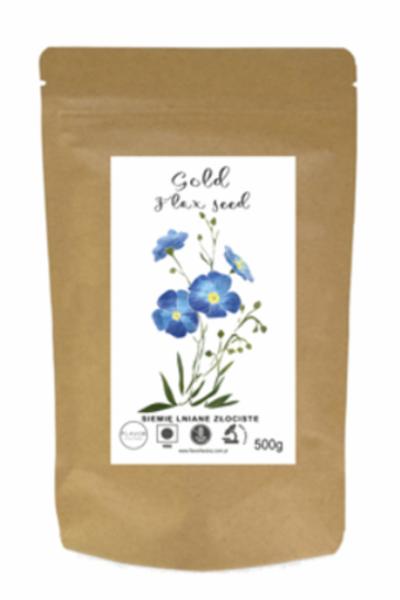 Brązowa papierowa torebka z siemieniem lnianym złotym, z ilustracją błękitnych kwiatów lnu i napisem 'Gold flax seed', waga 500g.