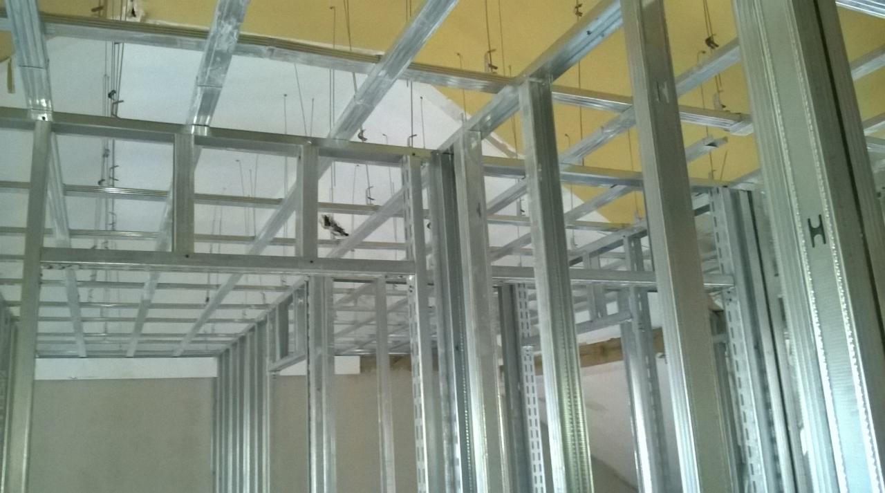 Metalowa konstrukcja ścian i sufitu z widocznymi przewodami, przygotowana do dalszych prac wykończeniowych w nowo budowanym lub remontowanym pomieszczeniu.